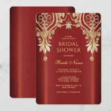 Convite de Chá de Noiva Floral Vermelho Dourado Mo