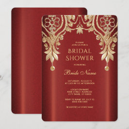 Convite de Chá de Noiva Floral Vermelho Dourado Mo