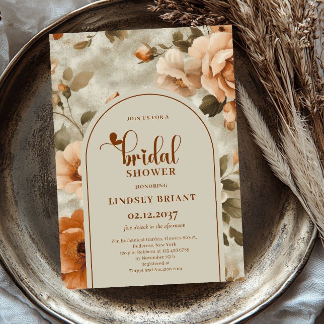 Convite de Chá de Noiva Flores de Cobre Boêmio Sag (Bohemian Copper Flowers Sage Bridal Shower Invitation)