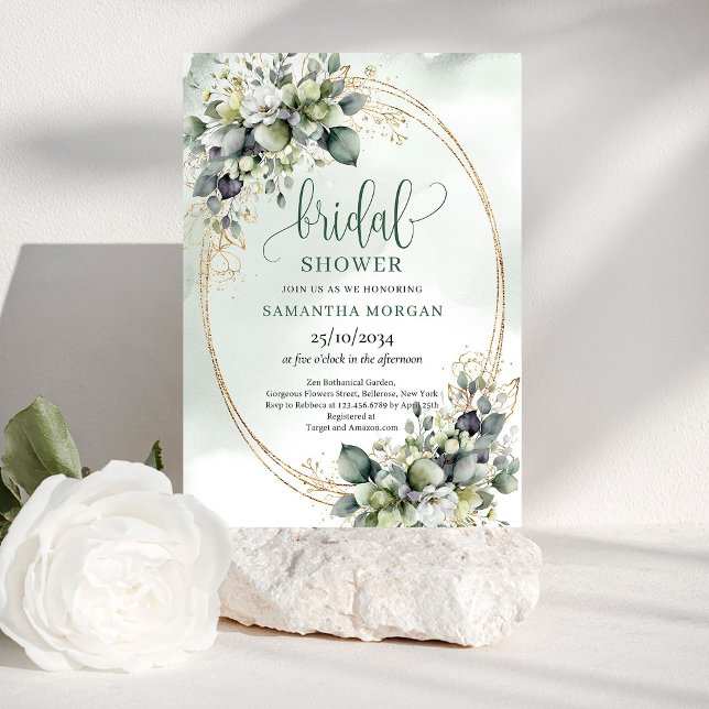 Convite de Chá de Noiva Folhagem Dourada Verde (Green Gold Foliage Bridal Shower Invitation)