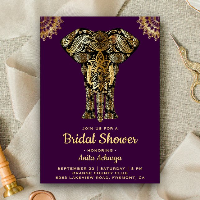Convite de Chá de Noiva Indiano Elefante Dourado R (Criador carregado)