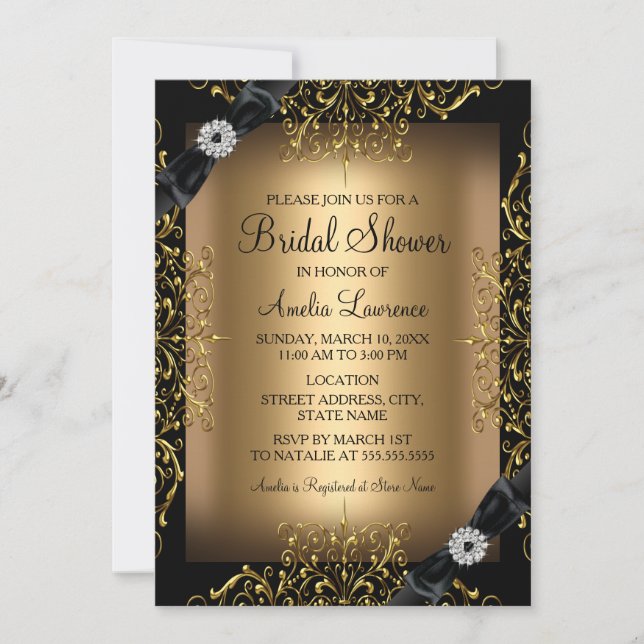 Convite de Chá de Noiva Lace & Bow Dourado (Frente)