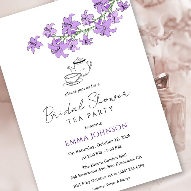 Convite de Chá de Noiva Lavanda Lírio Festa de Noi (Lavender Lily Bridal Tea Party Shower Invitation)