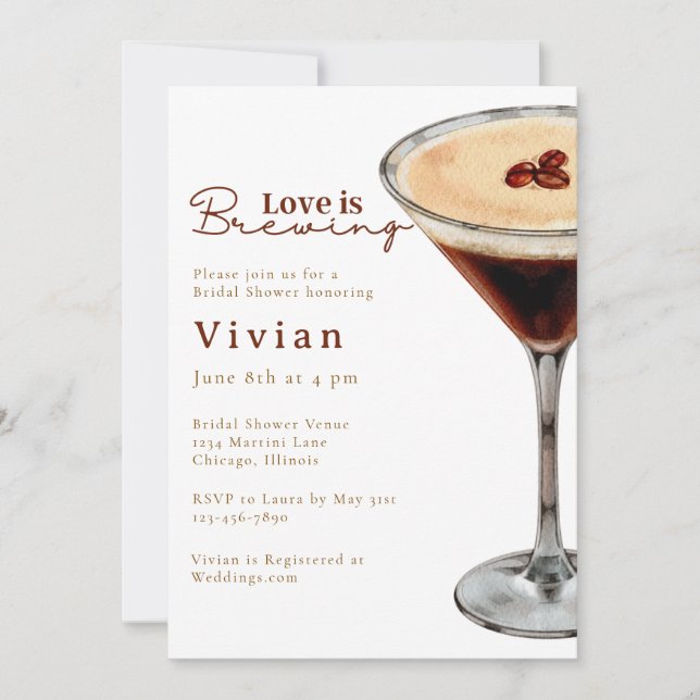 Convite de Chá de Noiva Love is Brewing Martini (Frente)