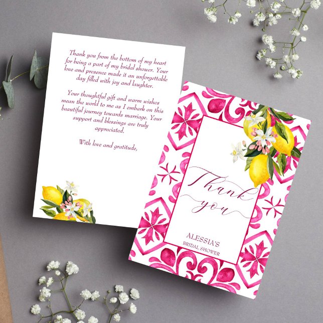 Convite de chá de noiva magenta de azulejos fucsia (Fuchsia Majolica magenta tiles lemon bridal shower Thank You Card Italian Spanish Mediterranean them)