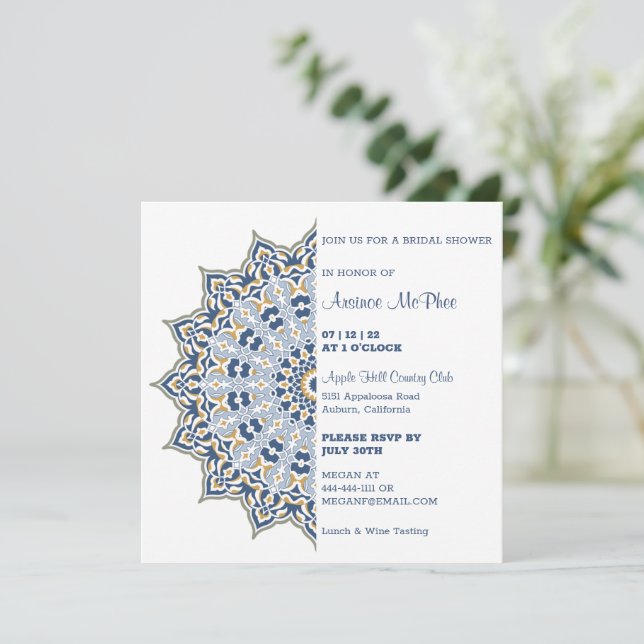 Convite de Chá de Noiva Mandala Azul e Dourado (Em pé/Frente)