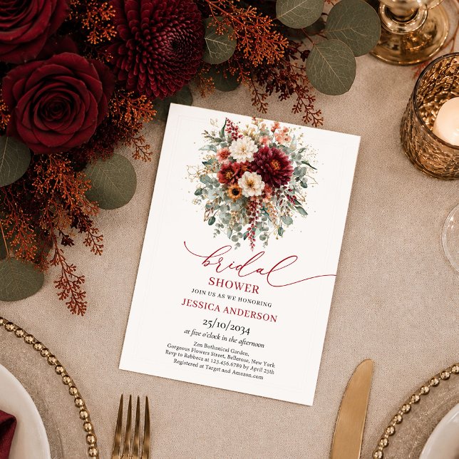 Convite de chá de noiva Marsala Borgonha Dourado E (Marsala Burgundy Gold Eucalyptus fall bridal shower invitation

)