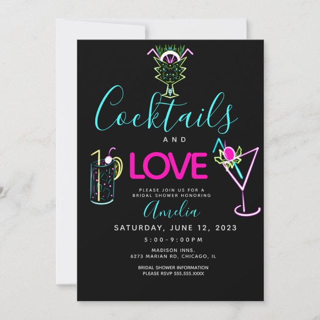 Convite de Chá de Noiva Neon Cocktails Art (Frente)