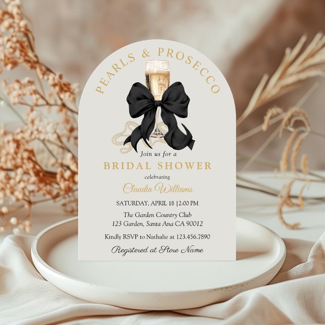 Convite de Chá de Noiva Pearls Prosecco Black Bow (Elegant Black Bow and Pearls Bridal Shower Invitation)
