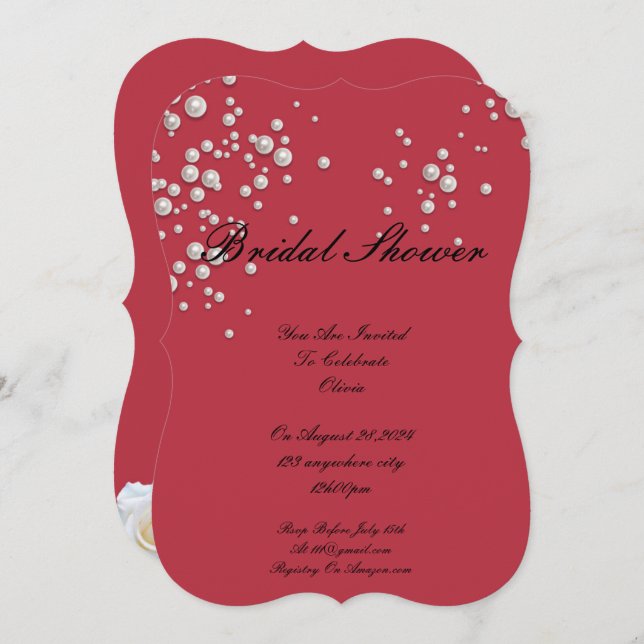 convite de chá de noiva pérola vermelho carmesim (Frente/Verso)
