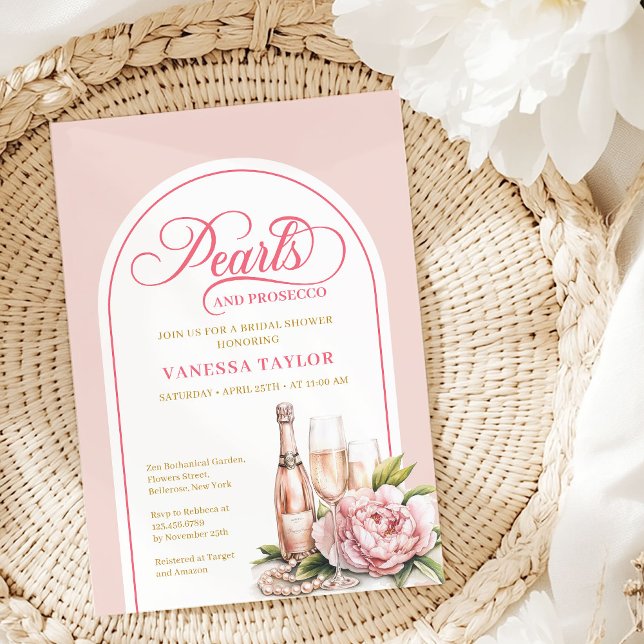 Convite de Chá de Noiva Pérolas Elegantes e Prosec (Elegant Pearls and Prosecco Bridal Shower Invite)