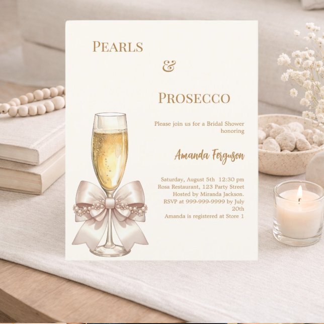 Convite de Chá de Noiva Pérolas Prosecco laço marf (Criador carregado)