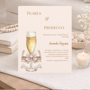 Convite de Chá de Noiva Pérolas Prosecco rosa laço
