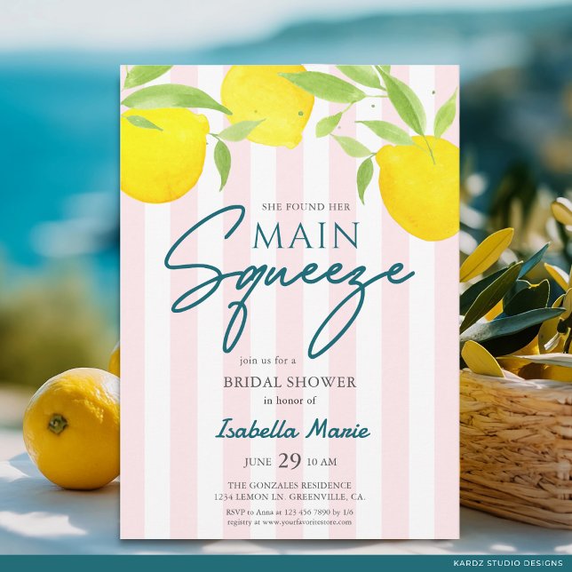 Convite de Chá de Noiva Pink Lemon Main Squeeze (The front of the invitation is shown at a 5x7 inch. Choose size, paper, + corner style.)