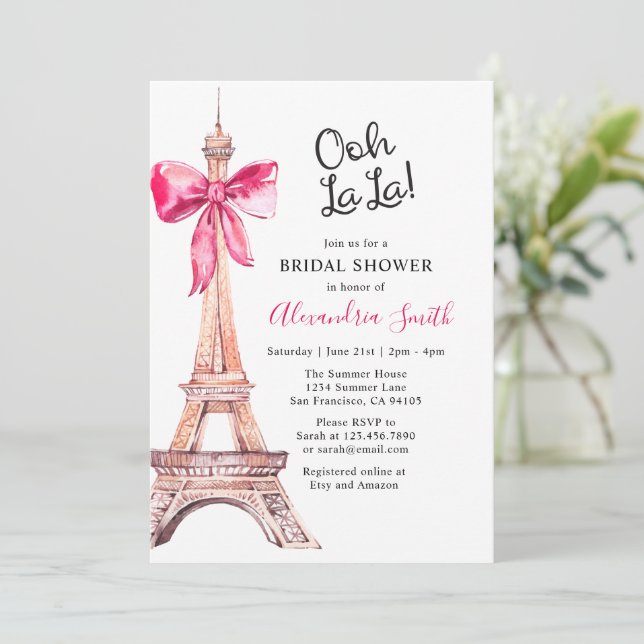 Convite de Chá de Noiva Pink Paris (Em pé/Frente)