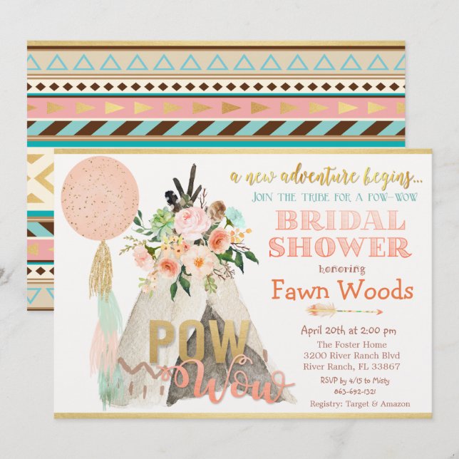 Convite de Chá de Noiva Pow Wow Tribal Teepee (Frente/Verso)
