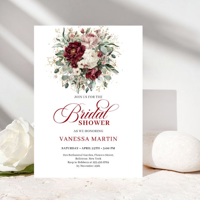 Convite de Chá de Noiva Romântico Marsala & Dourad (Romantic Marsala & Gold Bridal Shower Invitation)