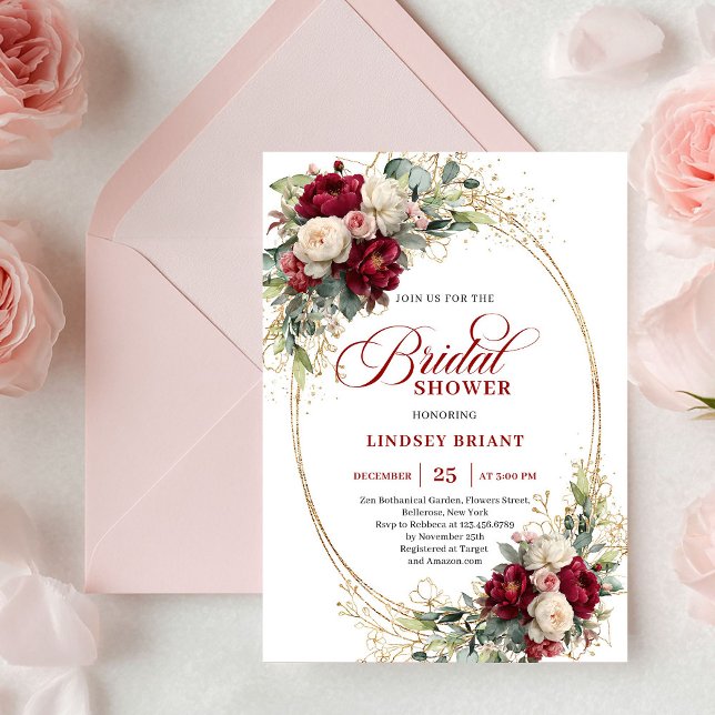 Convite de Chá de Noiva Romântico Marsala Floral D (Romantic Marsala Floral Gold Bridal Shower Invitation)