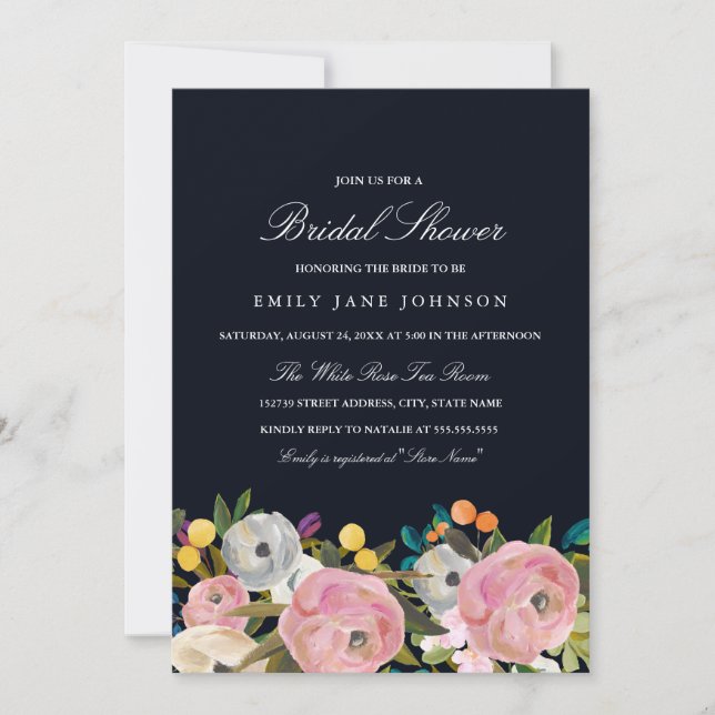 Convite de Chá de Noiva Rosa Azul Jardim Floral (Frente)