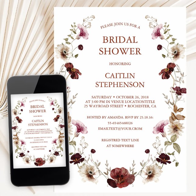 Convite de Chá de Noiva Rosa Bege e Borgonha (Criador carregado)