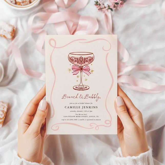 Convite de Chá de Noiva Rosa com Brunch e Espumant (Pink and Burgundy Hand Drawn Brunch and Bubbly Bridal Shower Invitation)