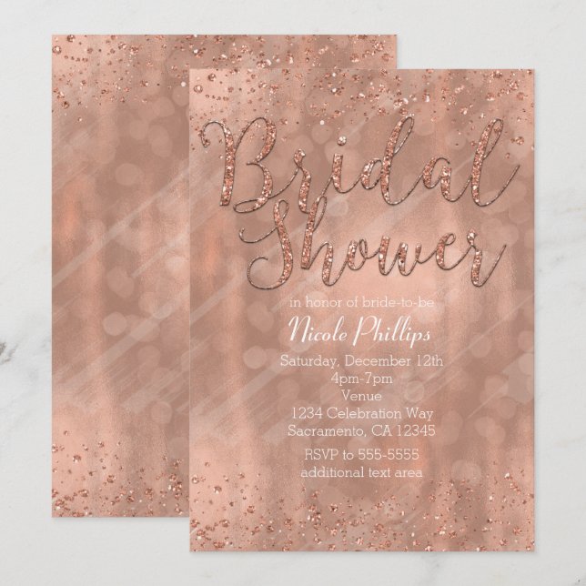 Convite de Chá de Noiva Rosa Dourado Glamour (Frente/Verso)