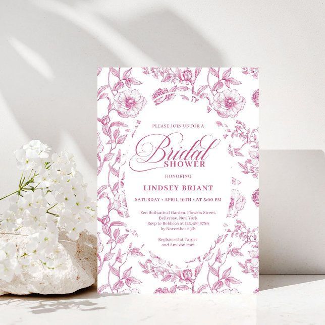 Convite de Chá de Noiva Rosas Toile Francesas Rosa (French Toile Roses Dusty Pink Bridal Shower Invitation)