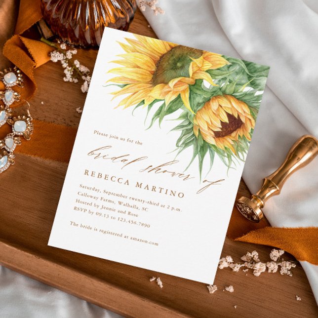 Convite de Chá de Noiva Rústico com Girassol e Orç (Rustic elegant sunflower fall wedding budget bridal shower invitation.)