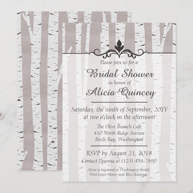 Convite de Chá de Noiva Rústico Folhas de Bétula (Frente/Verso)