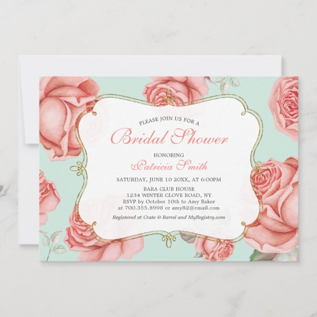 Convite de Chá de Noiva Shabby Chic Mint & Coral (Frente)