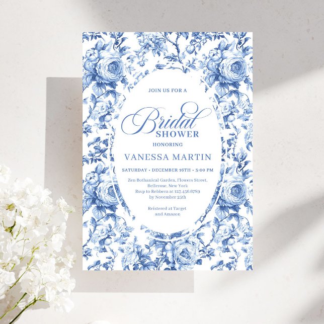 Convite de Chá de Noiva Sofisticado Navy Toile Ros (Sophisticated Navy Toile Rose Bridal Shower Invite)