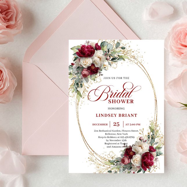 Convite de Chá de Noiva Timeless Merlot Rose Gold (Timeless Merlot Rose Gold Bridal Shower Invitation)