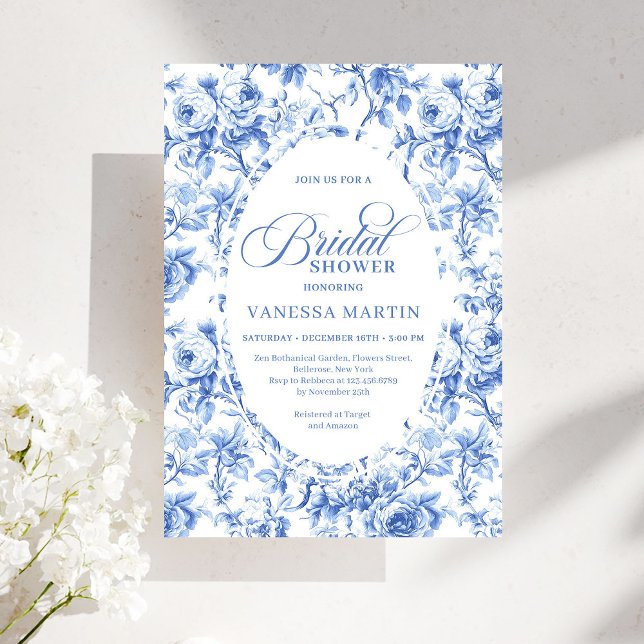 Convite de Chá de Noiva Toile Rose Azul Marinho Cl (Classic Navy Blue Toile Rose Bridal Shower Invitation)