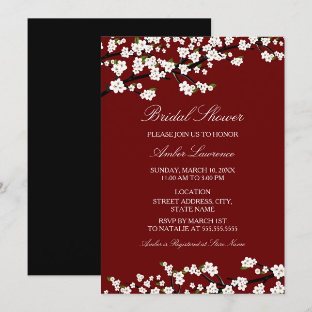 Convite de Chá de Noiva Vermelho Flor de Cerejeira (Frente/Verso)