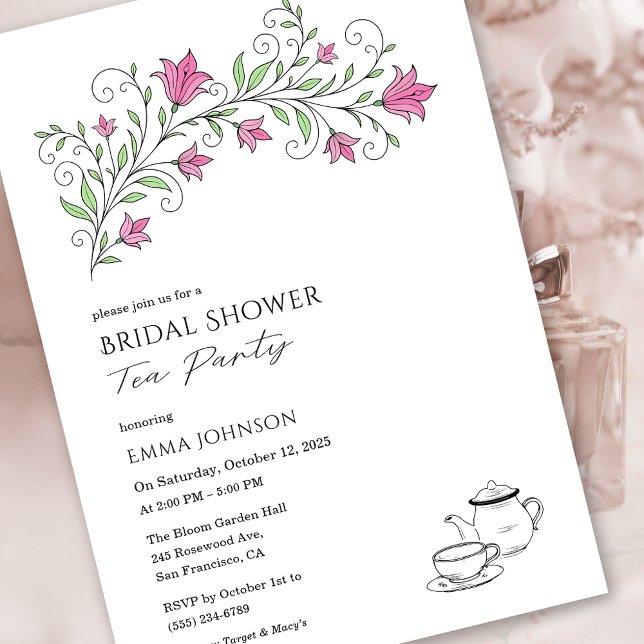Convite de chá de panela de noiva floral rosa (Pink Floral Bridal Shower Tea Party Invitation)