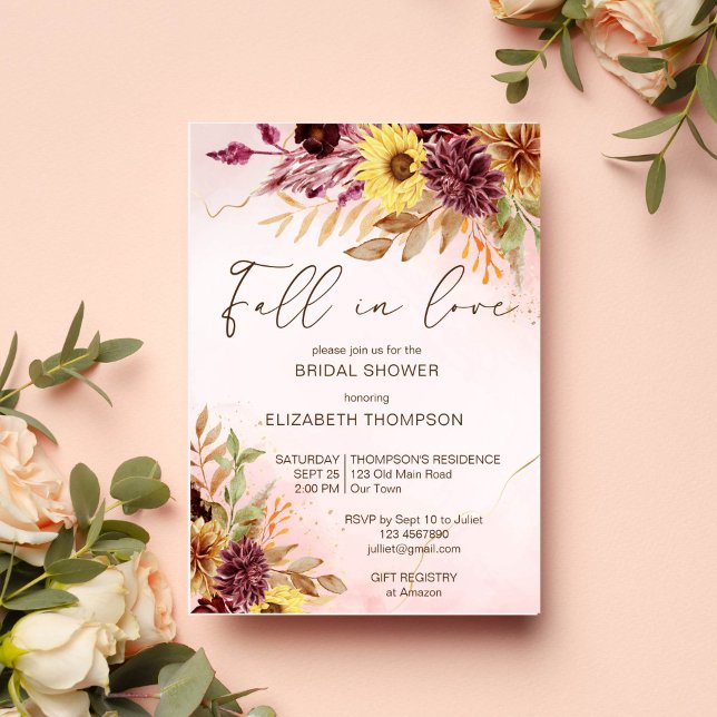 Convite de chá de panela de outono para se apaixon (Fall in love autumn bridal shower yellow brown foliage sunflowers watercolor invitation template)