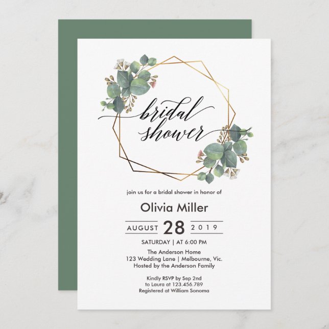 Convite de chá de panela geométrico Eucalyptus (Frente/Verso)