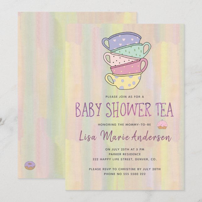 Convite de chá para baby shower de xícaras multico (Frente/Verso)