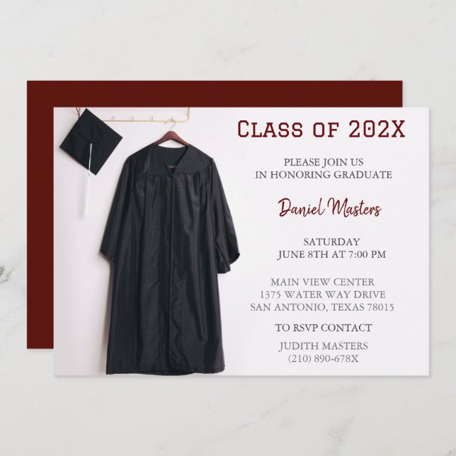 Convite de Chapéu e Beca de Formatura Vermelho Esc (Frente/Verso)