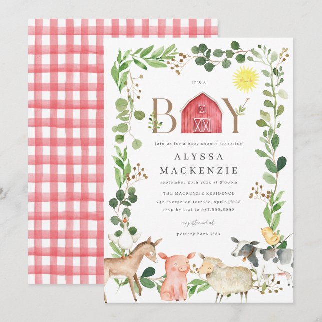 Convite de Chás de Bebê Animais da Fazenda (Frente/Verso)