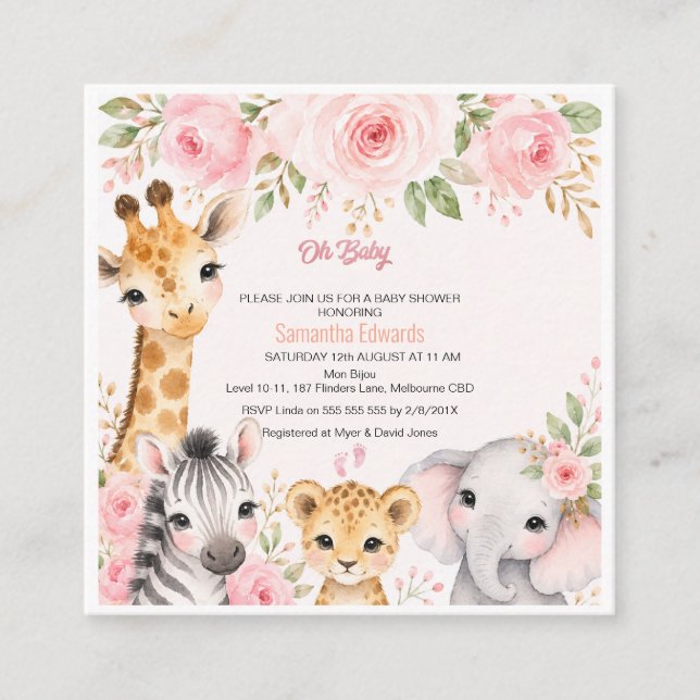 Convite de Chás de Bebê Animais da Safari Floral e (Frente)