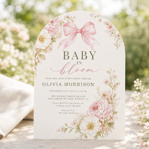Convite de Chás de Bebê Bebê em Flor com Laço Rosa