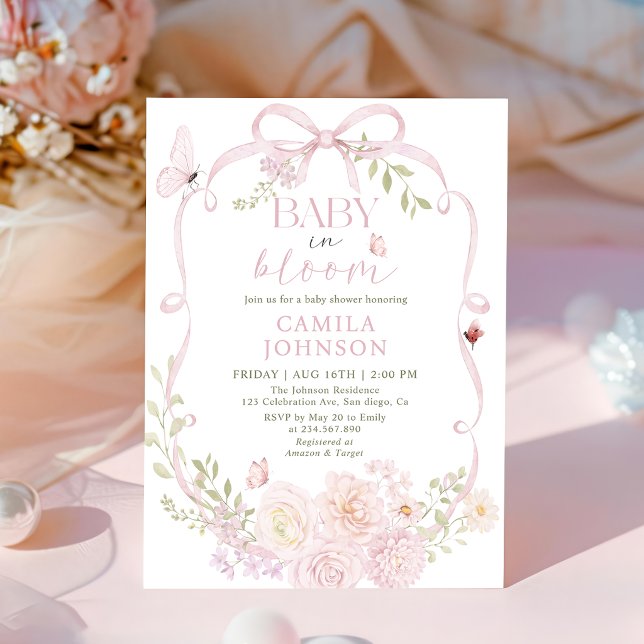Convite de Chás de Bebê Bebê em Flor com Laço Rosa (Criador carregado)
