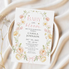 Convite de Chás de Bebê Bebê em Flor com Laço Rosa