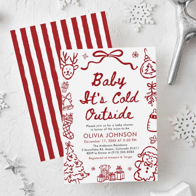 Convite de Chás de Bebê 'Bebê, Está Frio Lá Fora'  (Hand Drawn Baby It's Cold Outside Baby Shower Invitation)