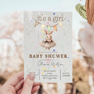 Convite de Chás de Bebê Boho Bunny com Floral Past