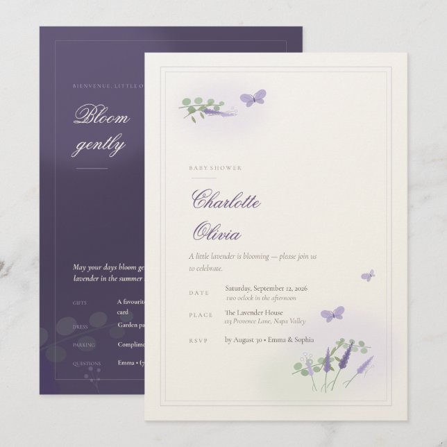 Convite de Chás de Bebê Borboleta e Lavanda Tatuad (Frente/Verso)