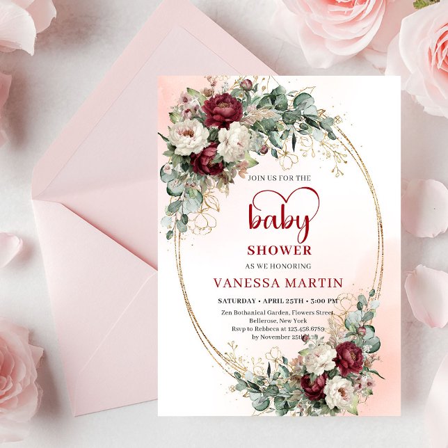 Convite de Chás de Bebê Chic Marsala Flores (Chic Marsala Flowers Baby Shower Invitation)