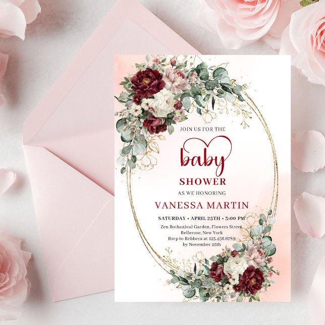 Convite de Chás de Bebê Chic Marsala Flores Eucali (Chic Marsala Flowers Eucalyptus Baby Shower Invitation)