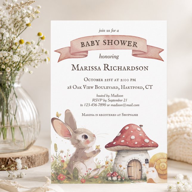 Convite de Chás de Bebê Coelhinho Rústico (custom cute vintage rustic bunny rabbit baby shower invitation, elegant woodland and forest theme)